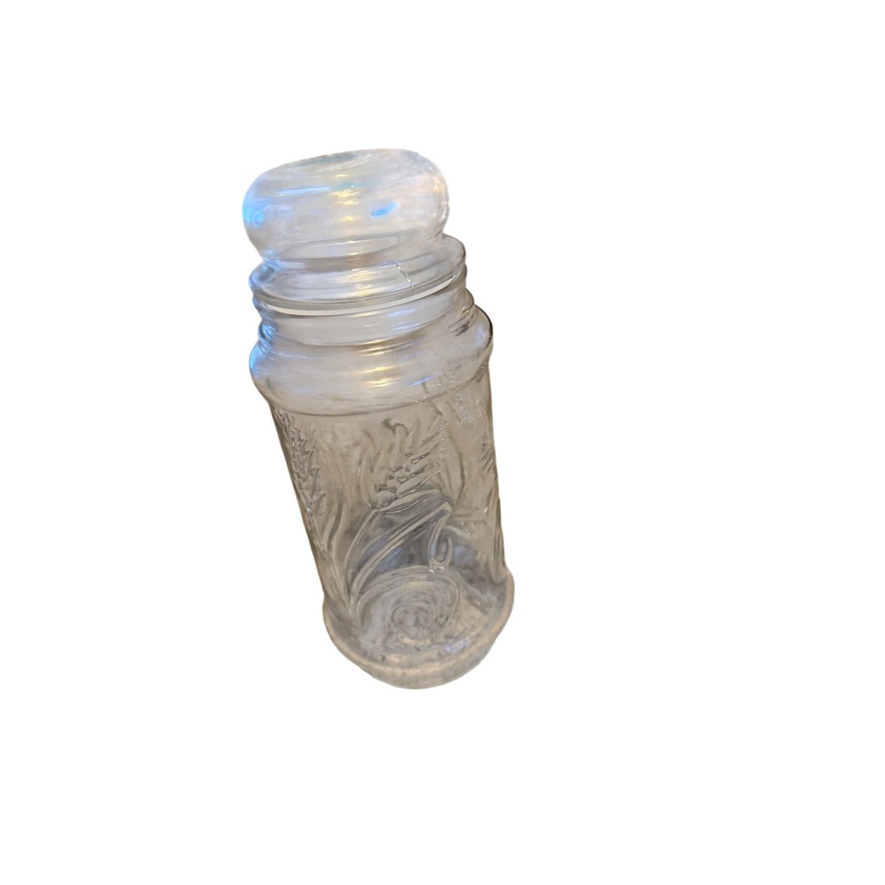 Vintage 1981 Planters Mr Peanut Glass Jar with Lid Embossed Wheat Pattern Clear